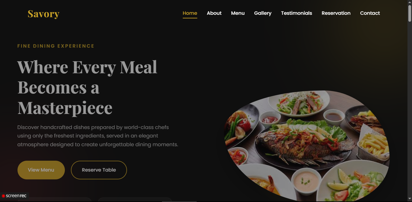 Savory Restaurant landing page preview